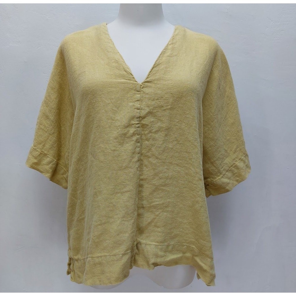 A Day's March Window Blouse Women's Small Yellow 100% Linen V-Neck Boxy Portugal